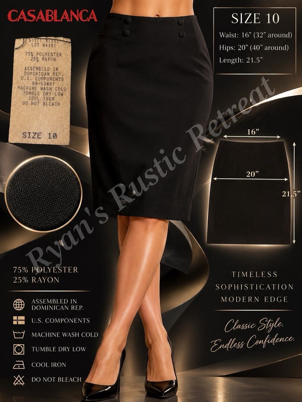 Casablanca Black Pencil Skirt Women’s Size 10 Career Office Classic Midi 75/25DK